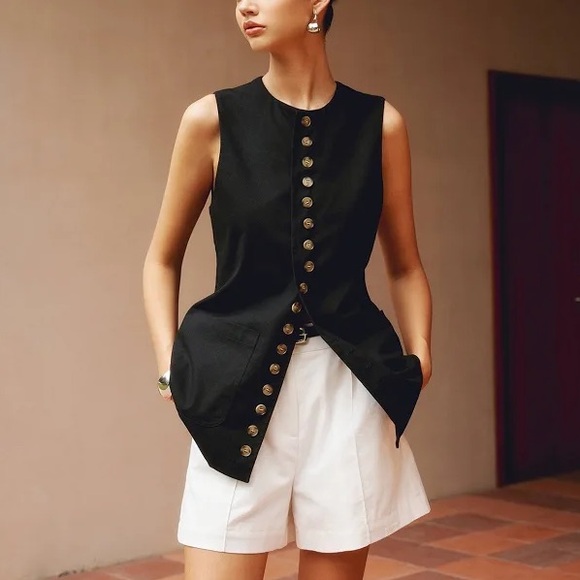 Black Cotton & Linen Crew Neck Sleeveless Button Up Front Longline Vest - Picture 2 of 14